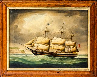 Framed Painting of a British Ship off the Cliffs of Dover