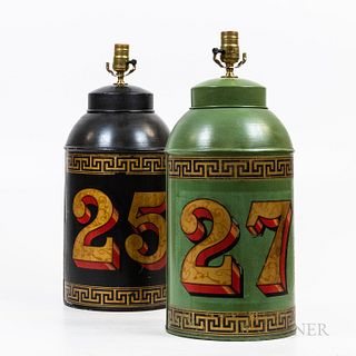 Two Large Painted Tin Tea Canister Lamps