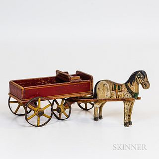 Wooden White-painted Horse and Red Wagon
