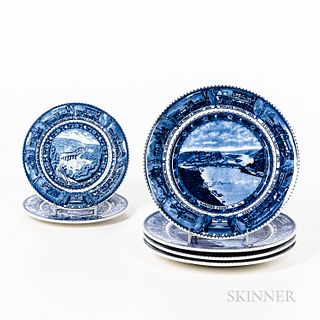 Six Blue Transfer-decorated Baltimore and Ohio Railroad Centennial Plates