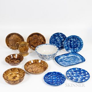 Six Pieces of Blue Spongeware and Six Pieces of Rockingham Pottery