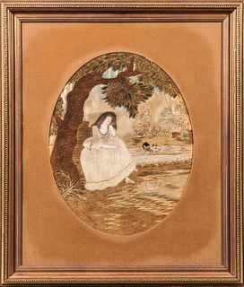 Framed Needlework of a Woman with a Dog