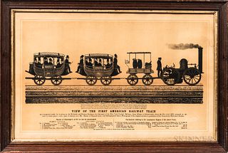 J.P. Fortin Lithograph View of the First American Railway Train, sight size 18 7/8 x 12 in., framed.