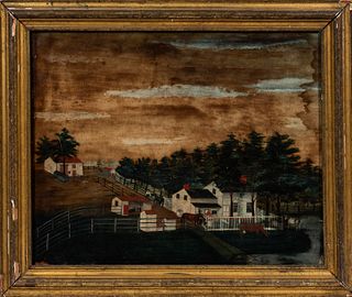 Framed American School Oil on Panel of a Farm