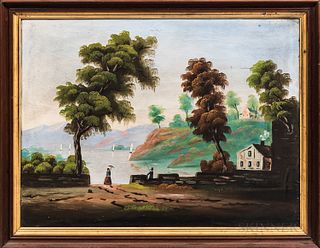 American School, Late 19th Century

Primitive River View with Figures and Cottage. Unsigned. Oil on canvas, 23 1/2 x 31 1/2 in., in a molded walnut fr