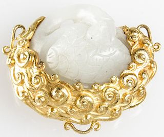 A Chinese White Jade Swan in 18K Gold Wreath