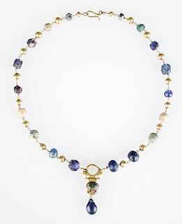 Necklace of Ancient Glass Beads, 22K Archeo Gold Pendant &18k Gold Beads Necklace