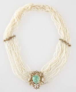 14K Gold, Emerald, Diamonds, Seed Pearls Necklace