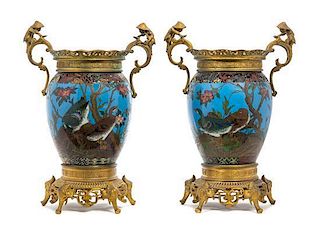 A Pair of French Gilt Bronze Mounted Cloisonne Vases Height 12 inches.