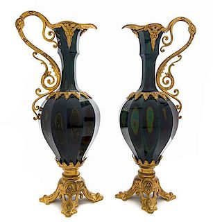 A Pair of Gilt Bronze Mounted Glass Ewers Height 17 inches.