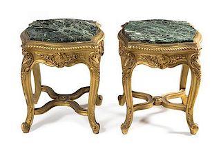 A Pair of Louis XV Style Giltwood Low Pedestals Height 18 1/2 x width 16 x depth 16 inches.