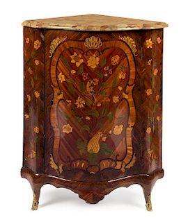 A Louis XV Gilt Bronze Mounted Marquetry Encoignure Height 38 1/4 x width 30 x depth 22 inches.