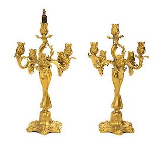 A Pair of Louis XV Style Gilt Bronze Six-Light Candelabra Height 20 1/2 inches.