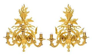 A Pair of Neoclassical Gilt Bronze Three-Light Sconces Height 20 inches.