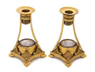 A Pair of Porcelain Mounted Gilt Bronze Candlesticks Height 6 1/2 inches.