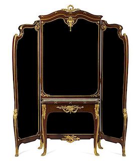 A Louis XV Style Gilt Bronze Mounted Mahogany Dressing Table and Mirror Height 85 x width overall 75 1/2 x depth 15 inches.