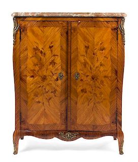 A Louis XV Style Gilt Bronze Mounted Marquetry Cabinet Height 55 1/2 x width 43 x depth 17 inches.