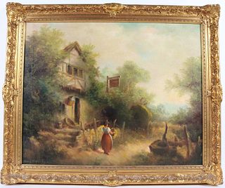 Oil on Canvas, Signed, Village Scene