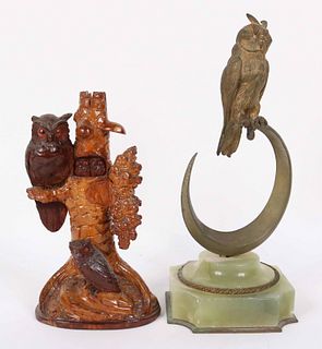 Metal & Stone Sculpture, Owl on Crescent Moon