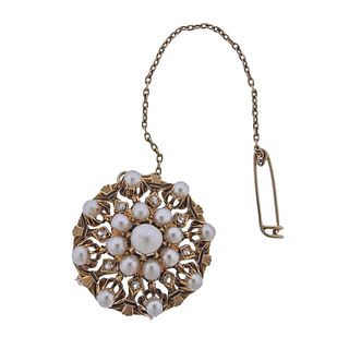 Antique 18K Gold Diamond Pearl Enamel Brooch Pendant