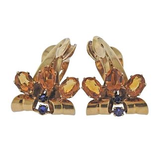 Retro 14K Gold Citrine Sapphire Earrings