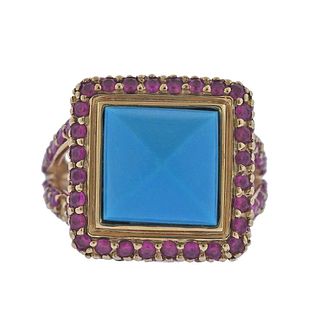 14k Gold Turquoise Ruby Cocktail Ring