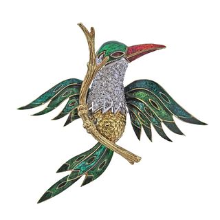 18k Gold Diamond Enamel Bird Brooch Pin