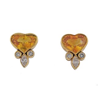 18K Gold Yellow Sapphire Diamond Heart Stud Earrings