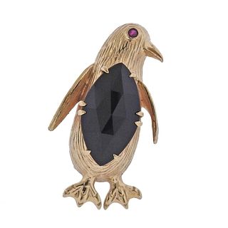 Hammerman Bros. 14k Gold Onyx Ruby Penguin Brooch