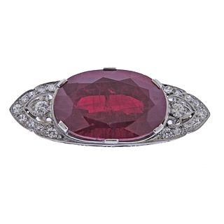 Art Deco Platinum Red Stone Diamond Brooch 