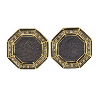 18k Gold Diamond Coin Enamel Earrings