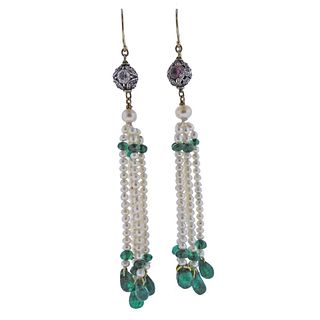 Gold Platinum Emerald Pearl Diamond Tassel Earrings