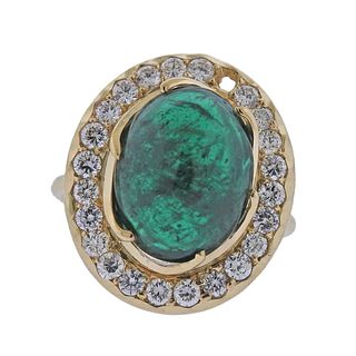18k Gold 7.75ct Emerald Cabochon Diamond Ring