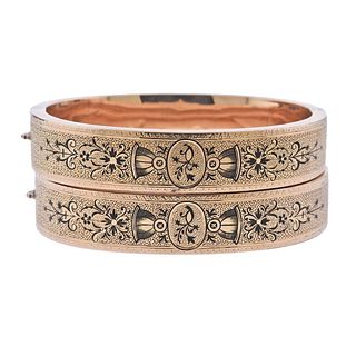Antique Victorian 14k Gold Enamel Bangle Bracelet Set