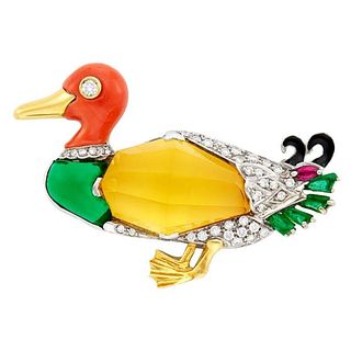 Gold Coral Diamond Emerald Citrine Duck Brooch Pin