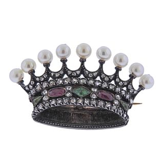 Antique French Victorian Diamond Gemstone Crown Brooch