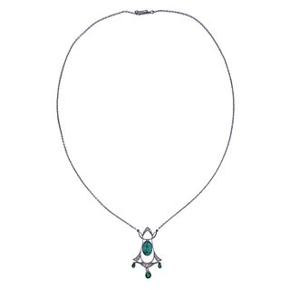 14k Gold Diamond Emerald Lavalier Necklace