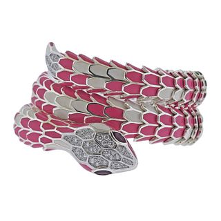 18k Gold Silver Diamond Ruby Enamel Snake Wrap Bracelet