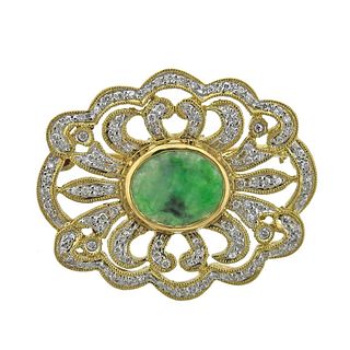 18k Gold Jade Diamond Brooch Pin