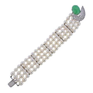 14k Gold Diamond Jade Pearl Bracelet