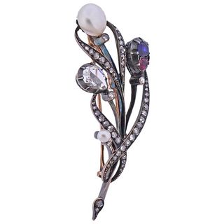 Faberge Rose Cut Diamond Sapphire Ruby Pearl Gold and Silver Brooch