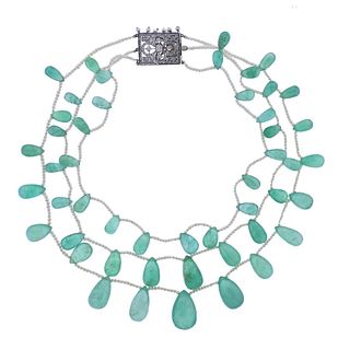 Antique Edwardian Platinum Emerald Diamond Pearl Necklace