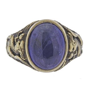 14k Gold Blue Gemstone Dragon Ring