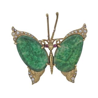 14k Gold Jade Pearl Ruby Butterfly Brooch 