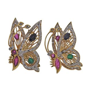 14k Gold Diamond Sapphire Emerald Ruby Butterfly Earrings