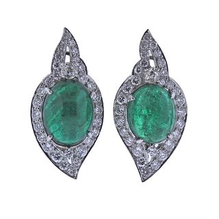 18k Gold Emerald Cabochon Diamond Earrings 