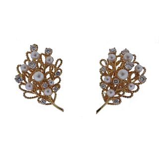 Diamond Pearl Gold Leaf Motif Earrings
