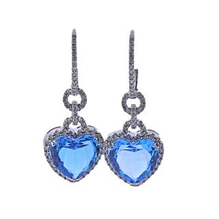 Blue Topaz Diamond Gold Heart Drop Earrings