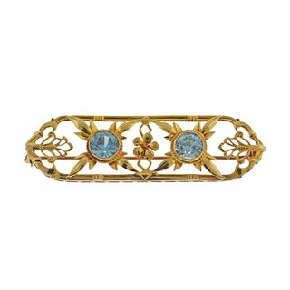 14k Gold Blue Gemstone Brooch Pin
