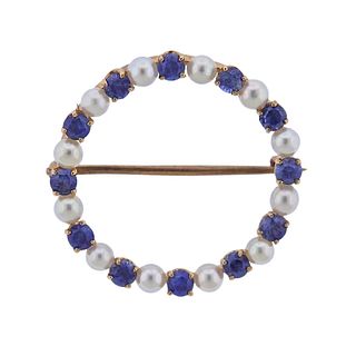 Antique 14k Gold Sapphire Pearl Circle Brooch